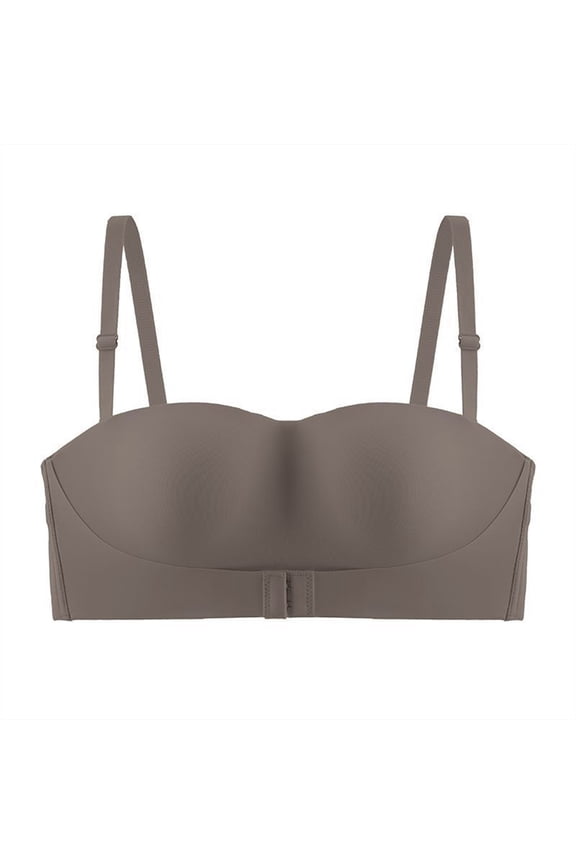 ,Women's Seamless Front Hook Closure Bandeau Wireless Strapless Push up Backless Tube Tops Breathable Removable Strap Everyday Bralettes Coffee 32