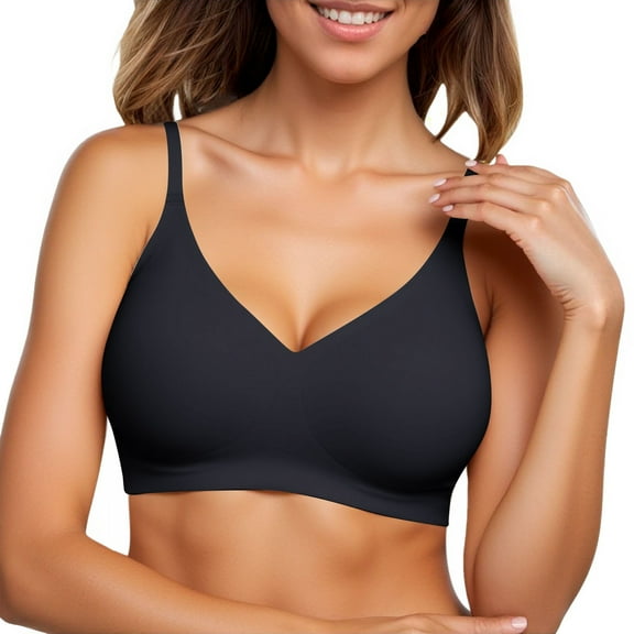 khonts,Women's Seamless Full Coverage Bras V Neck Wireless Bralettes Spaghetti Strap Comfortable Gathering Bra Black M
