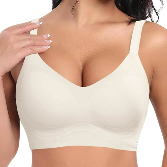 khonts,Women's Seamless Wireless Bras Push up Comfort Supportive Bralettes Soft Wireless V Neck Bra White XL