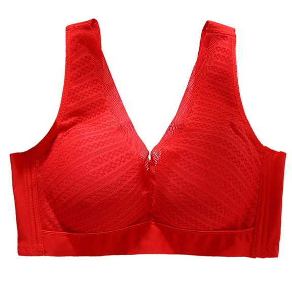 khonts,Women's Sheer Wireless Bras Gathering Seamless Soft Bralettes Vest Style Full Coverage T Shirts Bra Red 85B