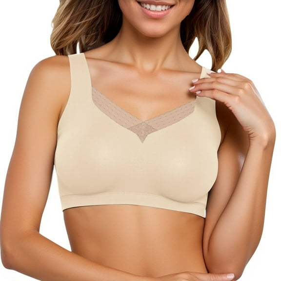 khonts,Women's Sheer Wireless Comfort Bra V-Neck Seamless Full Coverage Wide Straps Bralettes Soft Gym Bras Beige M