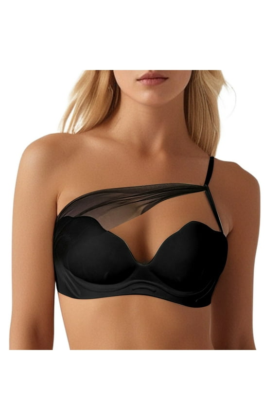 ,Women's Single Adjustable Strap Plunge Bras Scalloped Trim Wireless Padded Bra Push up Support Bralettes Black 34