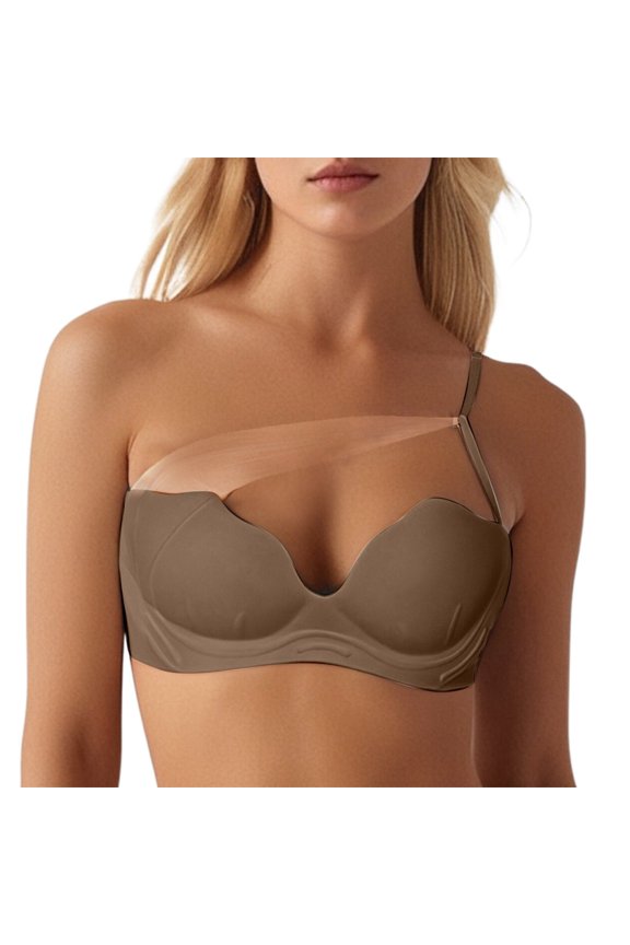 ,Women's Single Adjustable Strap Plunge Bras Scalloped Trim Wireless Padded Bra Push up Support Bralettes Coffee 34