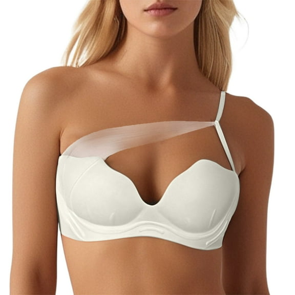 khonts,Women's Single Adjustable Strap Plunge Bras Scalloped Trim Wireless Padded Bra Push up Support Bralettes White 32