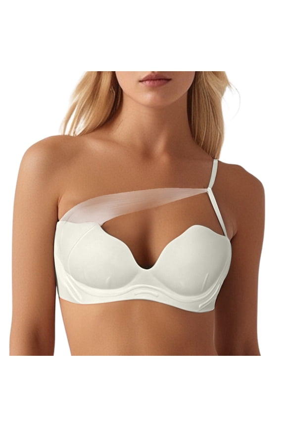 ,Women's Single Adjustable Strap Plunge Bras Scalloped Trim Wireless Padded Bra Push up Support Bralettes White 34
