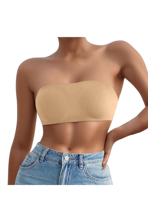 ,Women's Smoothing Strapless Bandeau Bra Non- Padded Wireless Tube Top Seamless Large Bust Bras Beige S