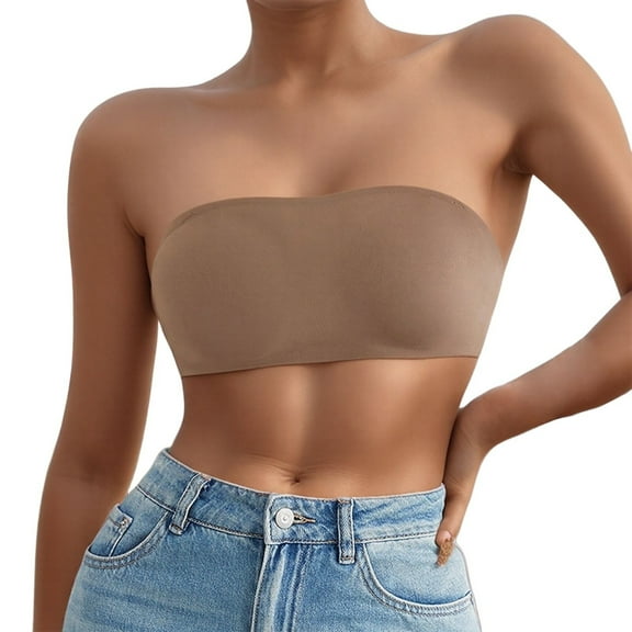 khonts,Women's Smoothing Strapless Bandeau Bra Non-slip Padded Wireless Tube Top Seamless Large Bust Bras Khaki XL