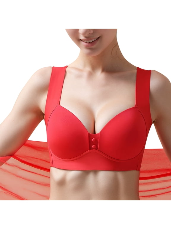 ,Women's Soft Seamless V-Neck Bras Double Pad Push up Wireless Sports Bra Full Coverage Supportive Bralettes Red 40/90E