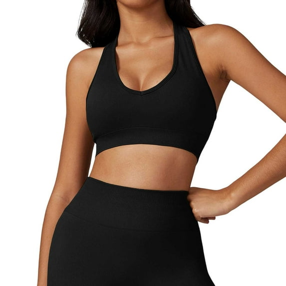 khonts,Women's Sport Bra Seamless Padded Active Workout Gym Yoga Crop Gathering Tank Tops Black XL