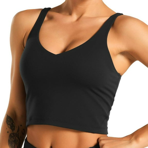 khonts,Women's Sports Bras Longline Padded Crop Tank Tops Yoga Bras Workout Fitness Tops Black XL