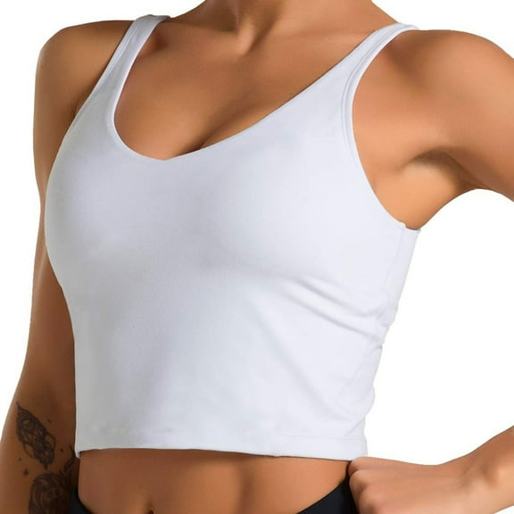 khonts,Women's Sports Bras Longline Padded Crop Tank Tops Yoga Bras Workout Fitness Tops White S