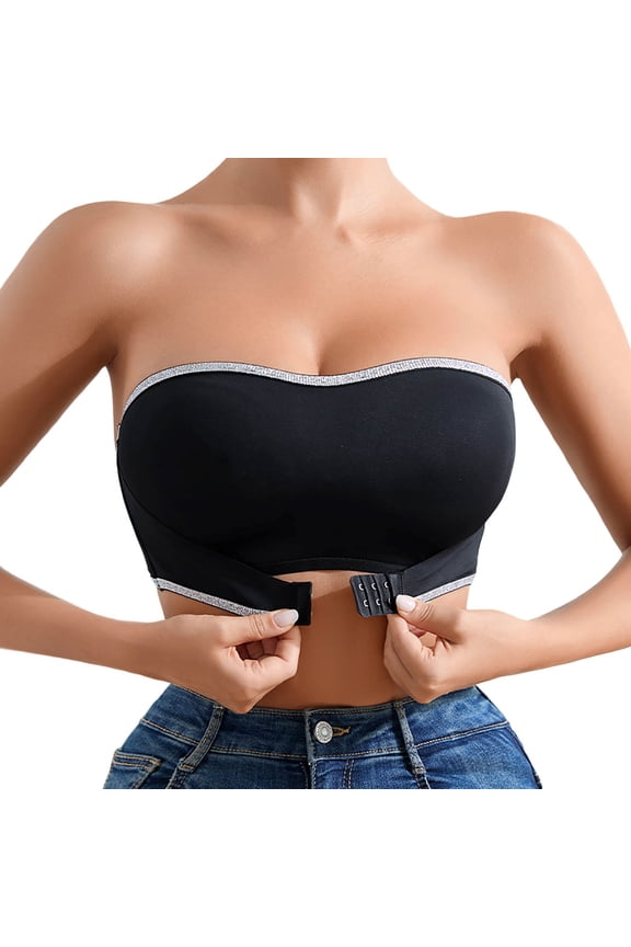 ,Women's Strapless Front Hook Closure Bandeau Non- Push up Tube Tops Gathering Wireless Comfort Bras Black XL
