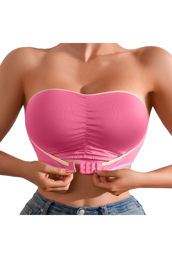 ,Women's Strapless Front Hook Closure Bandeau Push up Breathable Comfy Tube Top Wireless Gathering Bralettes Pink S