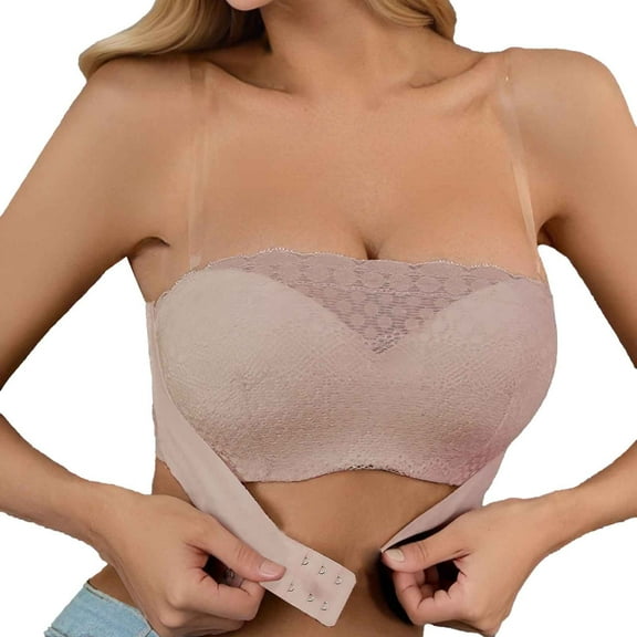 khonts,Women's Strapless Front Hook Closure Bandeau Push up Sheer Tube Top Removable Strap Gathering Bralettes Pink 70C