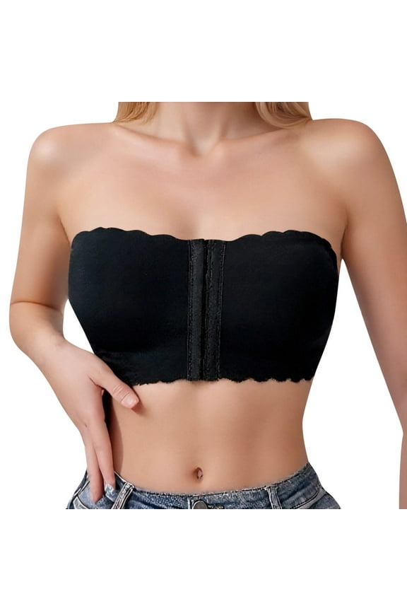 ,Women's Strapless Front Hook Closure Bras Seamless Padded Non- Wireless Bandeau Comfortable Tube Top Bralettes Black XL