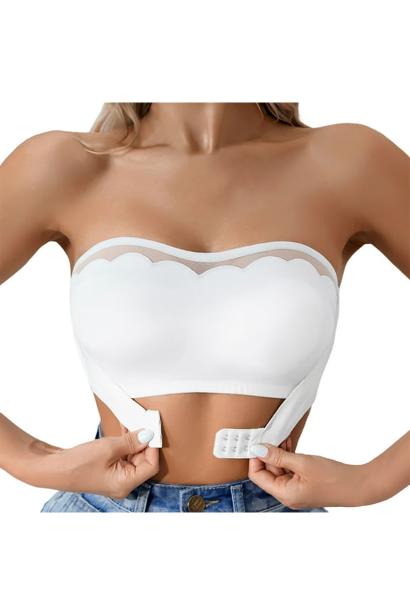 ,Women's Strapless Strapless Bra Front Hook Closure Wireless Seamless Sheer Design Comfortable Bralettes Everyday Wear White L