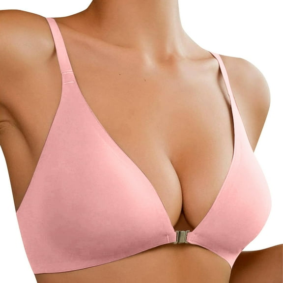 khonts,Women's Triangle Cup Front Closure Deep V Bras Seamless Wireless Adjustable Bra Comfort Everyday Bralettes Pink M