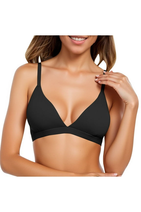 ,Women's Triangle Cup Spaghetti Strap Bras Wireless Sexy Plunge Bralettes Seamless Comfortable Bra Black XS