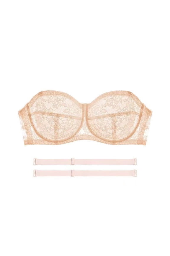 ,Women's Ultra Thin Strapless Bandeau Underwire Invisible Tube Tops Removable Strap Soft Non- Bralettes Beige 80CD