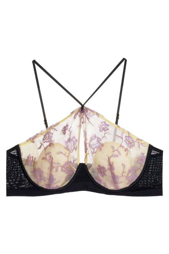 ,Women's Underwire Cirss Cross Neck Triangle Cup Bras Adjustable Spaghetti Strap Comfy Bra Lace Floral Elegant Bralettes Black XXL