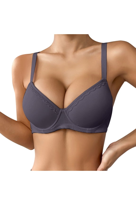 ,Women's Underwire Full Coverage Deep V Bras Breathable Supportive Anti Sagging Bra Push up Lifting Gathering Bralettes Grey 75B