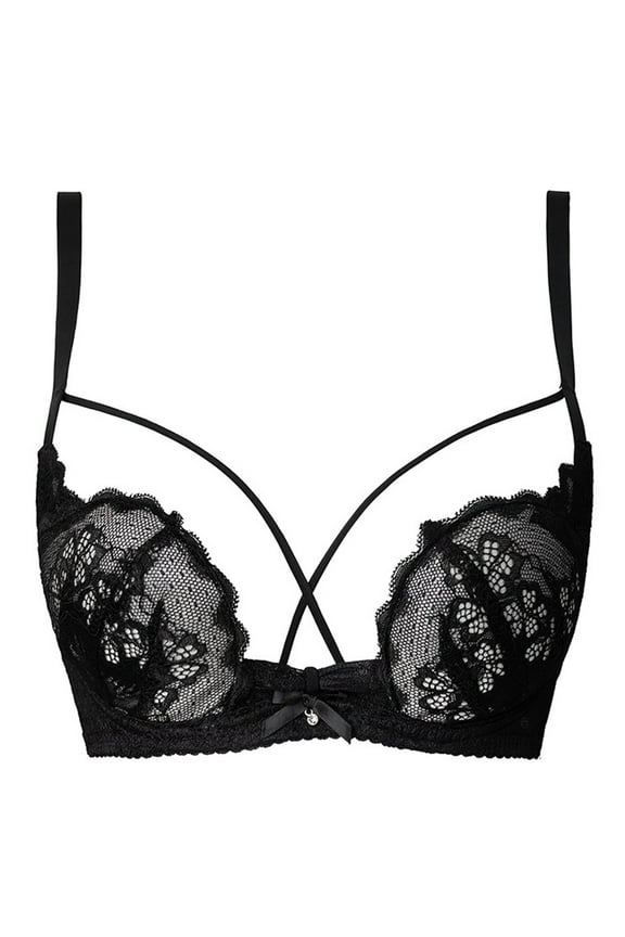 ,Women's Underwire Lace Half Cup Bras Floral Lace Versatile Bra Light Support Spaghetti Strap Bralettes Black 32