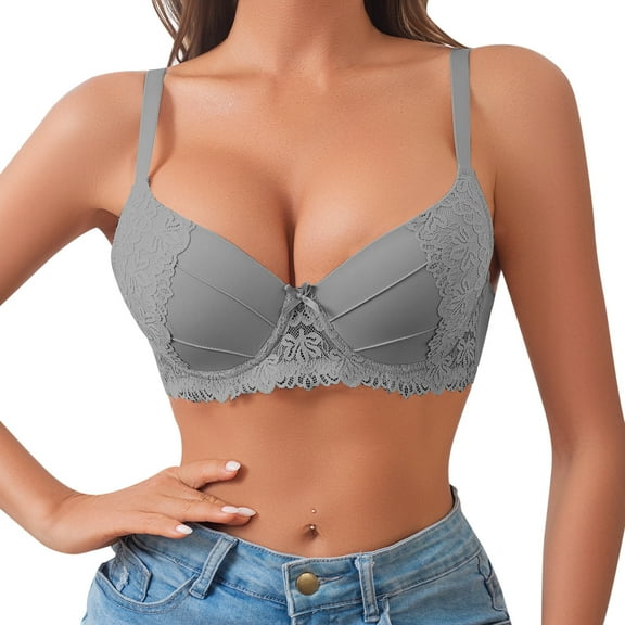 khonts,Women's Underwire Lace Push up Bras Push Cup Full Coverage Sexy Gathering Lingerie Grey L