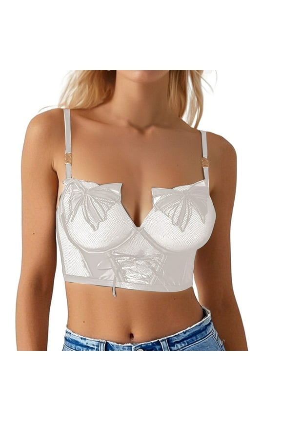 ,Women's Underwire Push up Bustier Spaghetti Strap Lace Sheer Corset Sexy Trendy Plunge Bralettes White 36