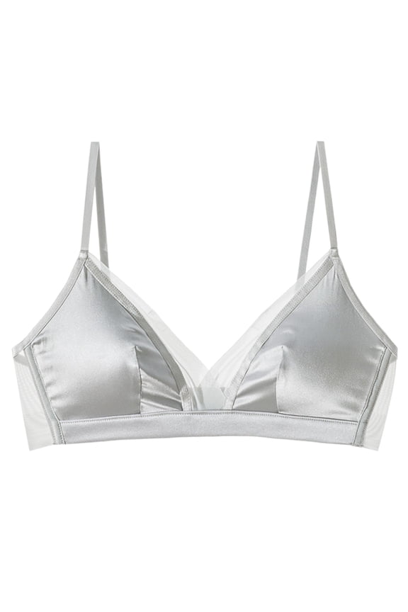 ,Women’s V-Plunge Satin Wireless Bras Smoothing Breathable Bra Seamless Sweet Spaghetti Strap Bralette Grey M