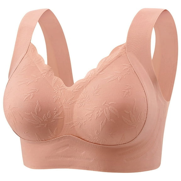 khonts,Women's Wide Strap Wireless Seamless Bras Supportive Sleep Full Coverage Bra Everyday Push up Bralettes Pink L