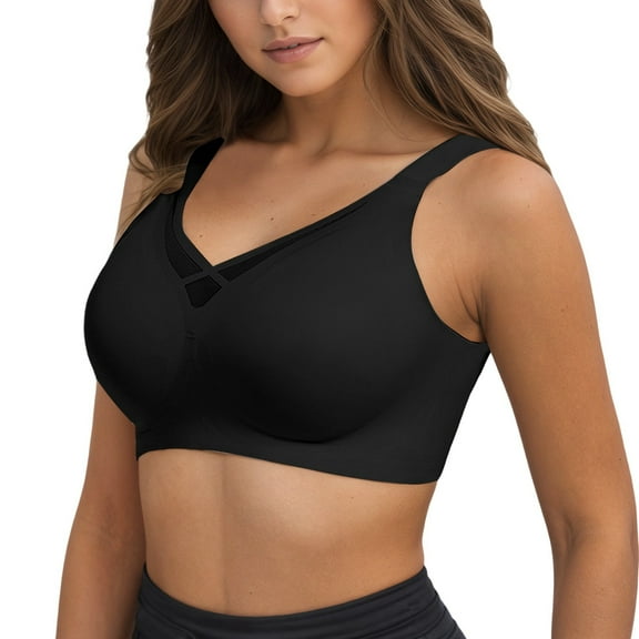 khonts,Women's Wireless No Underwire V Neck Mesh Bras Seamless Comfortable Bralettes Push up Full Coverage Everyday Bra Black XXXXL