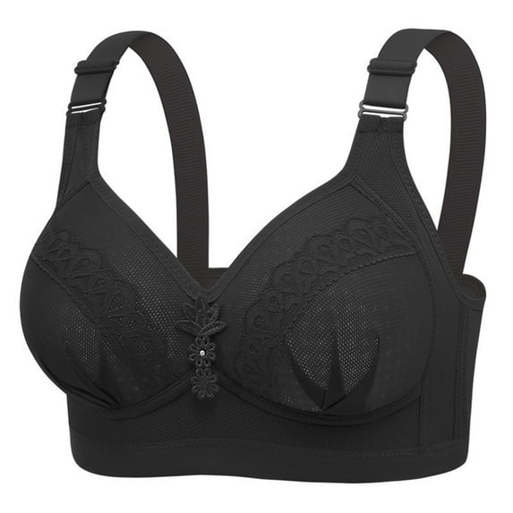 khonts,Women's Wireless Push up Bra Support Soft Floral Decor Bras Breathable Wide Adjustable Strap Bralettes Black 42