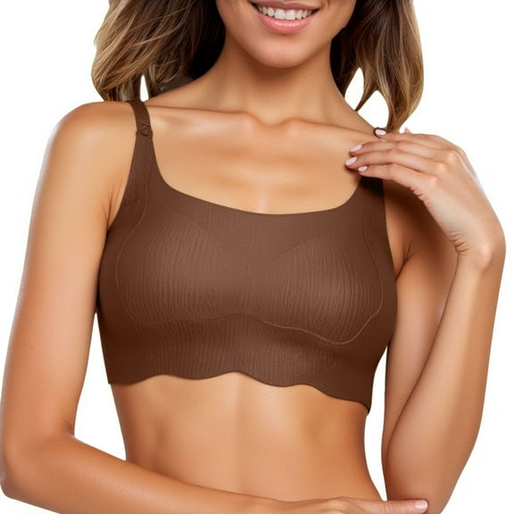 khonts,Women's Wireless Seamless Comfortable Bra Breathable Full Coverage Bralette Adjustable Strap Wavy Hem Bras Coffee L