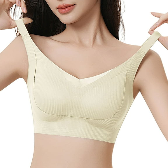 khonts,Women's Wireless V Mesh Bras Seamless Ribbed Back Closure Bra High Impact Support Adjustable Strap Bralettes Beige M