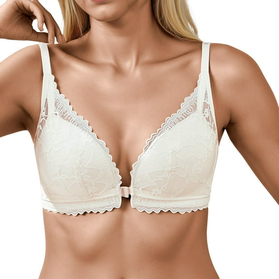 khonts,women's deep V Push Up Bras Wave Beauty Cross Back Bra Front hook Closure Scalloped Comfort Padded Bralettes Beige 70