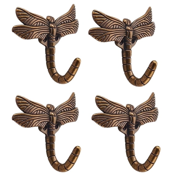 Khtumeware Dragonfly Hooks Wall Hooks Retro Traditional Decor for Hanging, Antique Bronze Coat Hooks Wall Mounted Easy Install Towel Hooks,Heavy Duty Key Holder for Decor,Pack of 4