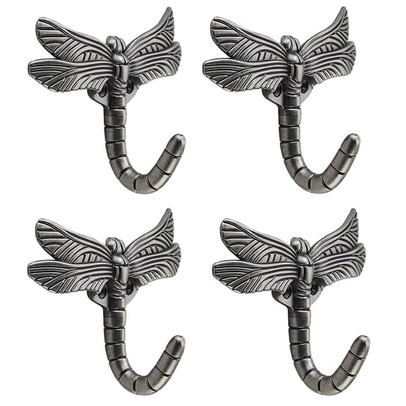 Khtumeware Dragonfly Hooks Wall Hooks Retro Traditional Decor for Hanging, Antique Silver Coat Hooks Wall Mounted Easy Install Towel Hooks,Heavy Duty Key Holder for Decor,Pack of 4