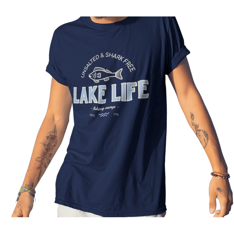 kiMaran Fishing T-Shirt LAKE LIFE Fishing Camp Fish Icon Unisex Short  Sleeve Tee (Navy M)