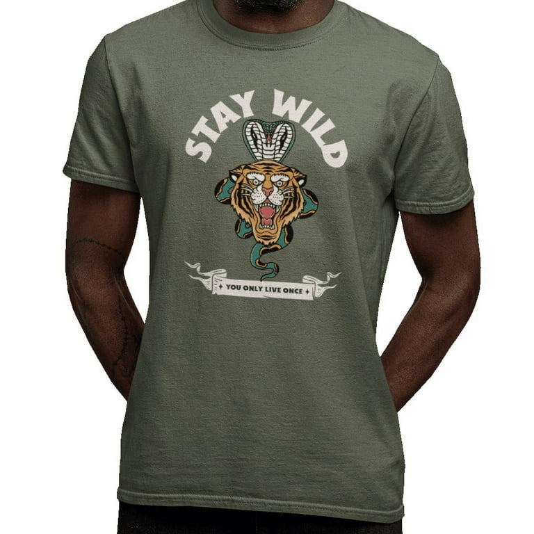 kiMaran T-Shirt Old School Tattoo Tiger Snake STAY WILD Unisex Short Sleeve  Tee (Military Green M)
