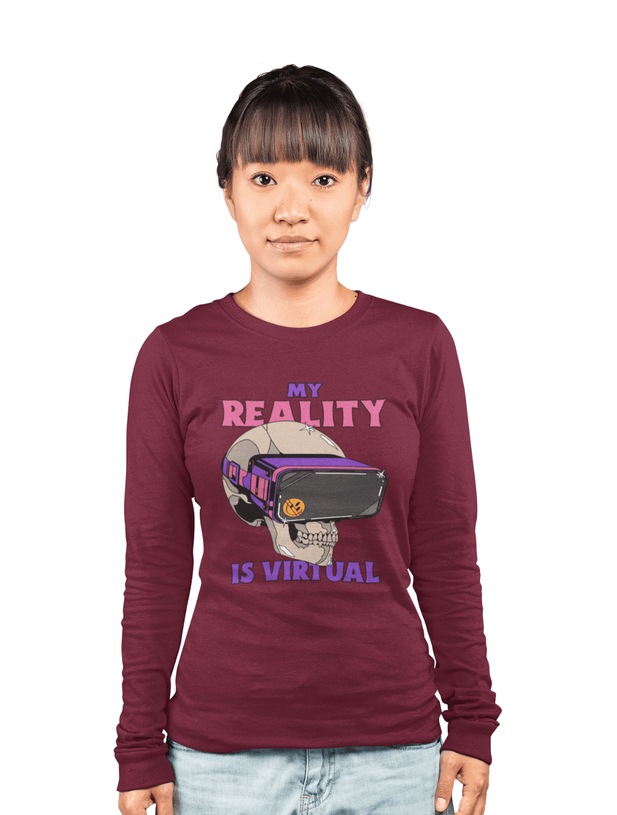 kiMaran VR T-Shirt Skull with a Virtual Reality Headset Unisex Long Sleeve  Tee (Maroon XL)