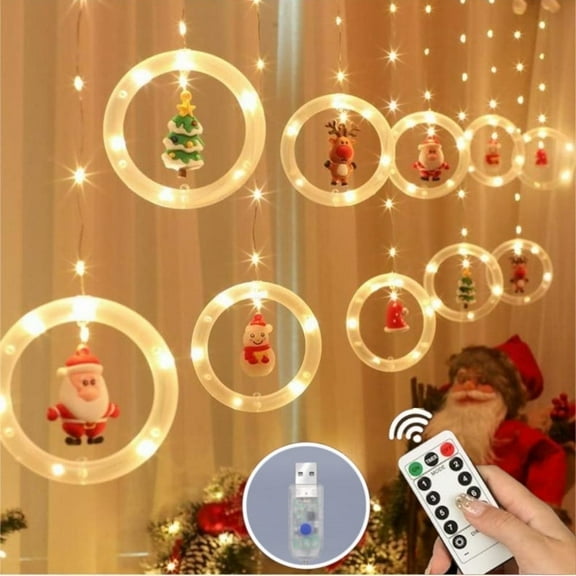 Uncahome Christmas Curtain Lights Ring String Lights with Ornaments and Hooks 9.8ft 8 Modes Remote Control Timer for Holiday Party,Warm White