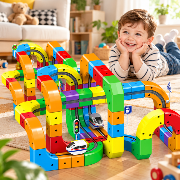 kiddibo 3d train set, Track Building Set, Modular Electric Railway Construction Toy with Snap-Together Pieces, Looping & Elevated Track Designs, Creative Build-and-Rebuild Play for Friends and Family