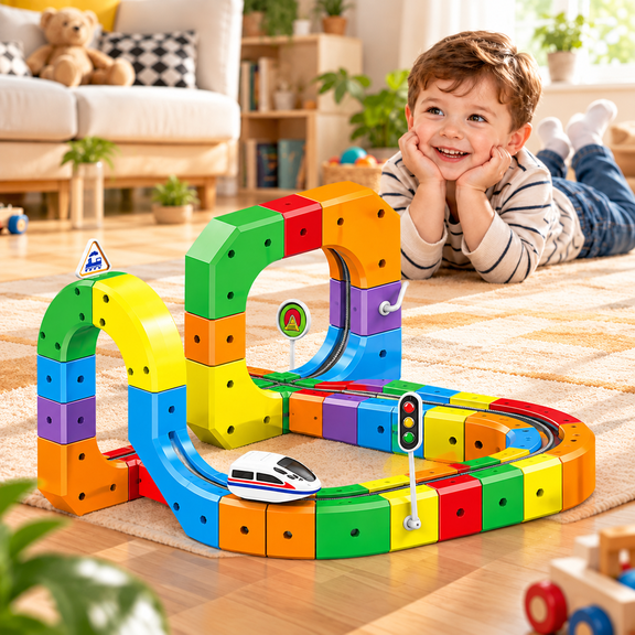 kiddibo 3d train set, Track Building Set, Modular Electric Railway Construction Toy with Snap-Together Pieces, Looping & Elevated Track Designs, Creative Build-and-Rebuild Play for Friends and Family