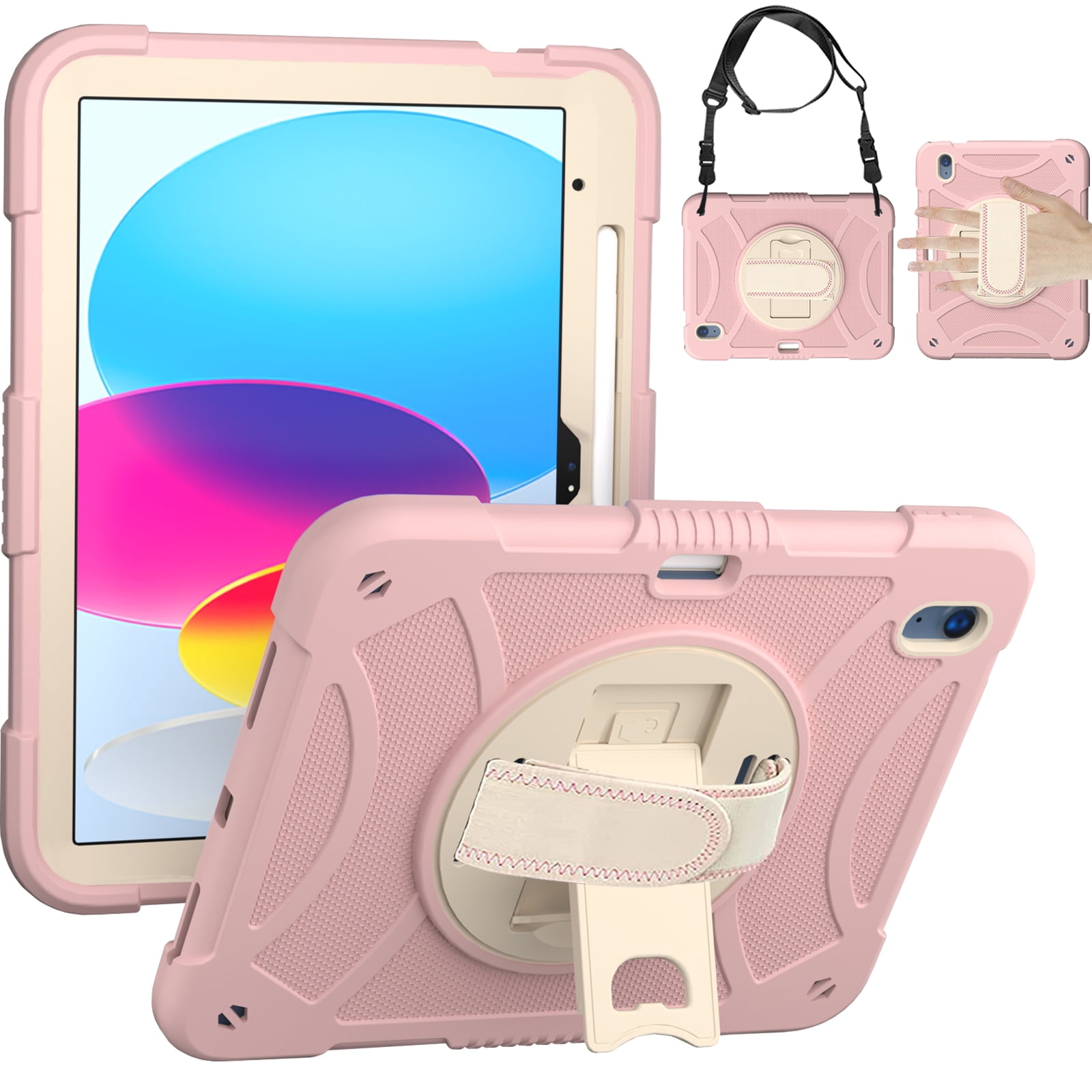 kids Case for iPad (A16) 11th Generation 11 Inch (2025), iPad 10th Generation 10.9 Inch (2022) Case, Military Grade Drop Protection with Hand/Shoulder Strap Rotating Stand Pencil Holder, Rosegold