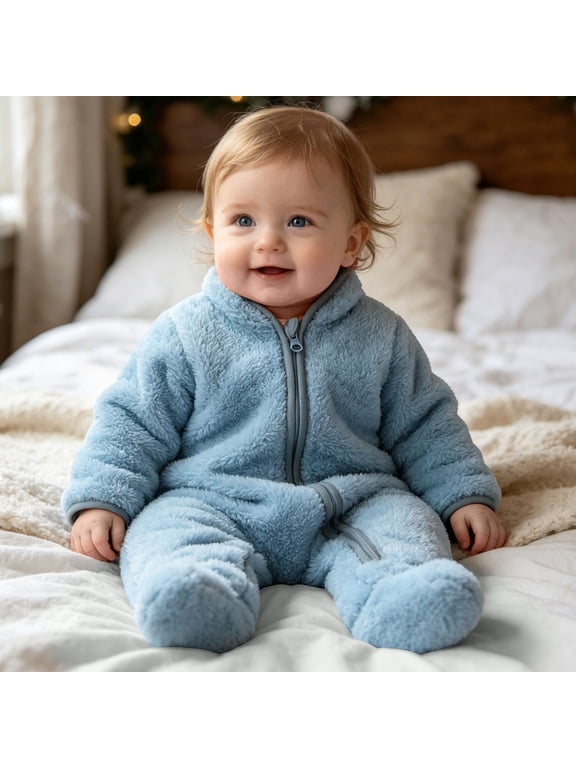 kids Fleece Footed Onesie Full-Zip Warm Daily Wear Jumpsuit Blue 9-12 Months