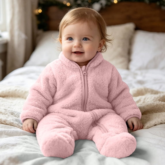 kids Fleece Footed Onesie Full-Zip Warm Daily Wear Jumpsuit Pink 3-9 Months