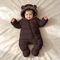 thumbnail image 1 of kids Hooded Padded One‑Piece Snowsuit Fuzzy Bear Ear Footed Winter Jumpsuit Brown 18-24 Months, 1 of 9