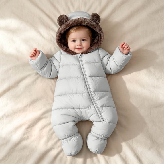 kids Hooded Padded One‑Piece Snowsuit Fuzzy Bear Ear Footed Winter Jumpsuit Gray 12-18 Months