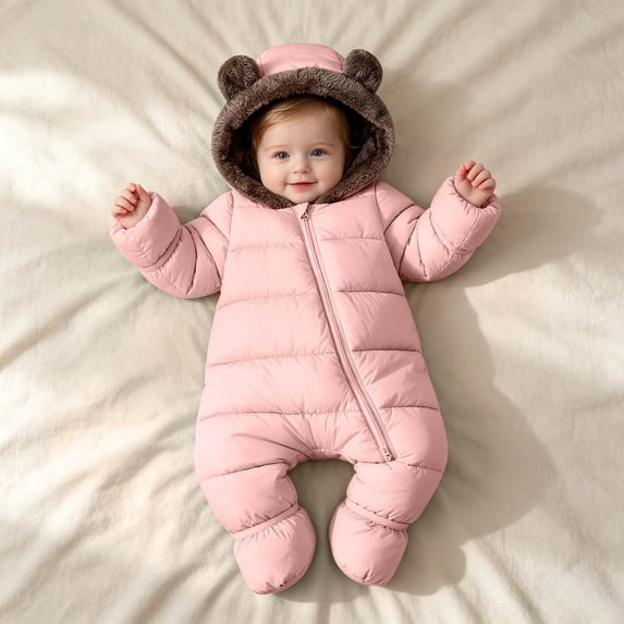 kids Hooded Padded One‑Piece Snowsuit Fuzzy Bear Ear Footed Winter Jumpsuit Pink 18-24 Months