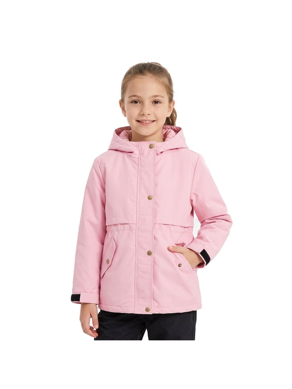 Girls Fleece Lined Hooded Jacket Adjustable Waist School Coat with Pockets for Cool Weather and Everyday Wear
